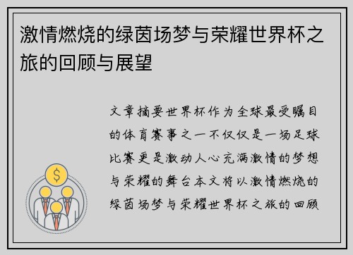激情燃烧的绿茵场梦与荣耀世界杯之旅的回顾与展望